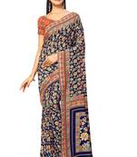Blue printed crepe saree with blouse