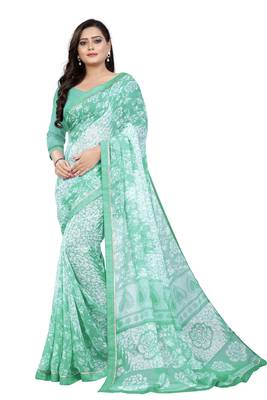 Blue printed chiffon saree with blouse 1