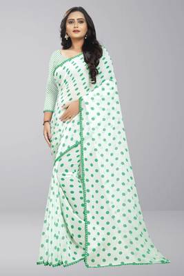 Green printed faux georgette saree with blouse 1