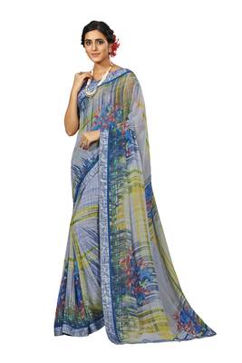 Grey printed georgette saree with blouse 1