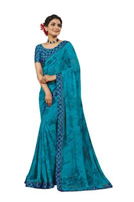 Green printed georgette saree with blouse 1
