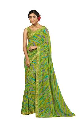 Light green printed georgette saree with blouse 1