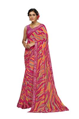 Pink printed georgette saree with blouse 1