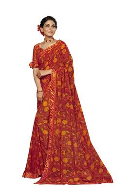 Red printed georgette saree with blouse 1