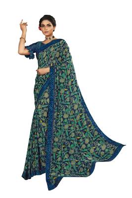 Blue printed georgette saree with blouse 1