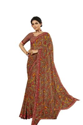 Brown printed georgette saree with blouse 1