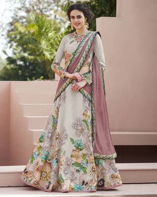 Sea-green embroidered silk unstitched lehenga 1
