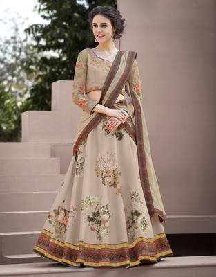 Beige embroidered silk unstitched lehenga 1
