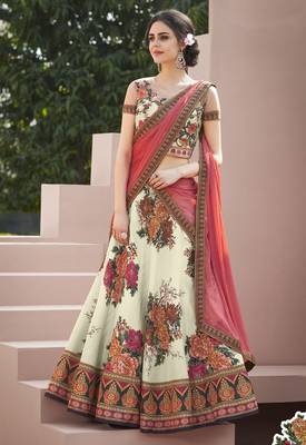 Cream embroidered silk unstitched lehenga 1