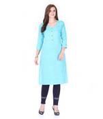 Blue plain rayon long-kurtis