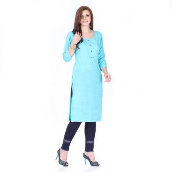 Blue plain rayon long-kurtis 3