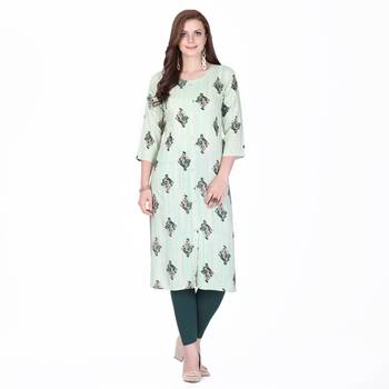 Green printed rayon long-kurtis 1