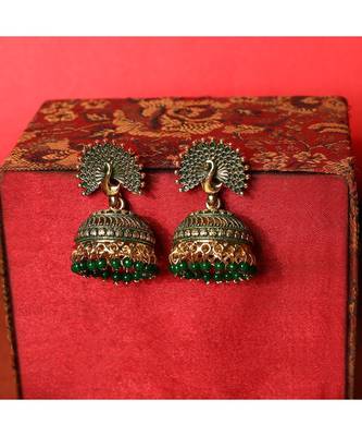 Traditional Gold Plated Enamelled Green Jhumka Earring 1