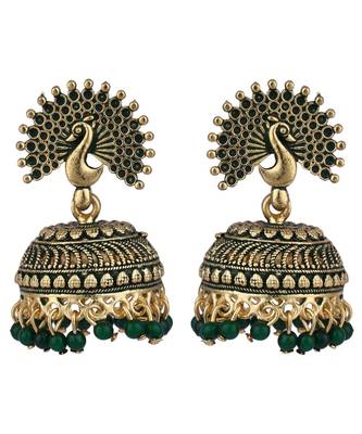 Traditional Gold Plated Enamelled Green Jhumka Earring 2