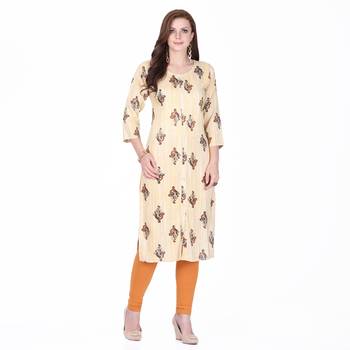 Yellow printed rayon long-kurtis 1