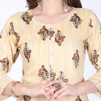 Yellow printed rayon long-kurtis 4