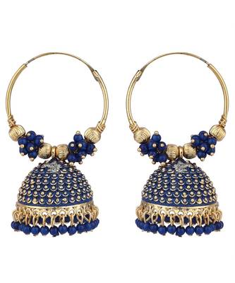 Traditional Gold Plated Enamelled Blue Jhumka And Hoop Baali Earring 2