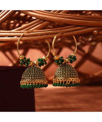 Traditional Gold Plated Enamelled Green Jhumka And Hoop Baali Earring 1
