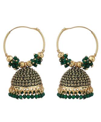 Traditional Gold Plated Enamelled Green Jhumka And Hoop Baali Earring 2