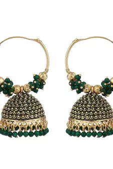 Traditional Gold Plated Enamelled Green Jhumka And Hoop Baali Earring