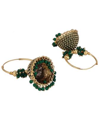 Traditional Gold Plated Enamelled Green Jhumka And Hoop Baali Earring 3