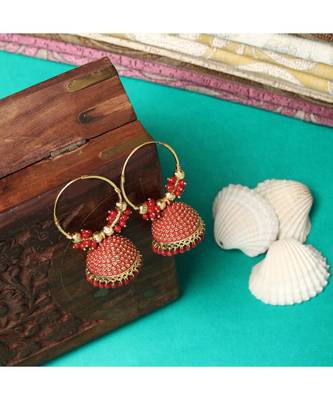 Traditional Gold Plated Enamelled Red Jhumka And Hoop Baali Earring 1