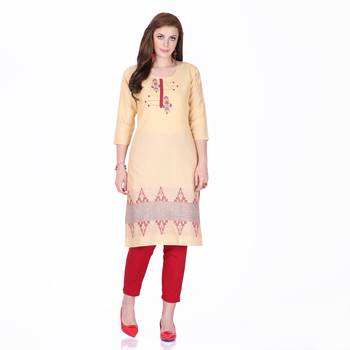 Beige printed rayon long-kurtis 1