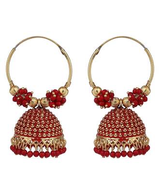 Traditional Gold Plated Enamelled Red Jhumka And Hoop Baali Earring 2