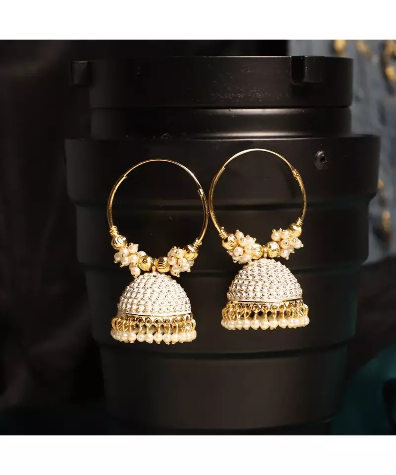 Traditional Gold Plated Enamelled White Jhumka And Hoop Baali Earring