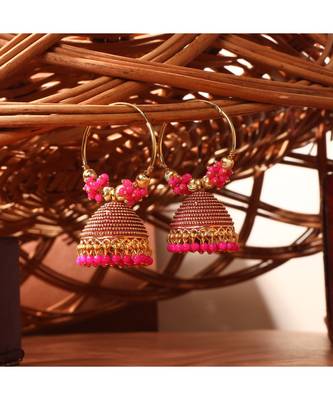 Traditional Gold Plated Enamelled Pink Jhumka And Hoop Baali Earring 1