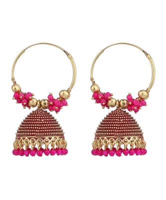 Traditional Gold Plated Enamelled Pink Jhumka And Hoop Baali Earring 2
