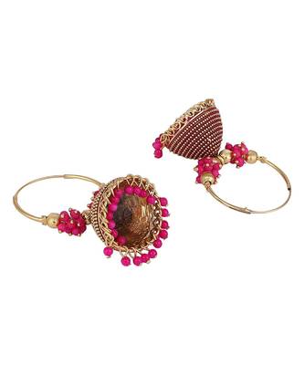 Traditional Gold Plated Enamelled Pink Jhumka And Hoop Baali Earring 3