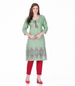 Green printed cotton long-kurtis