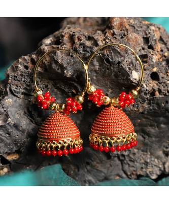 Traditional Gold Plated Enamelled Red Jhumka And Hoop Baali Earring 1