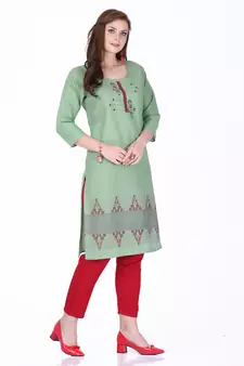 Green printed cotton long-kurtis