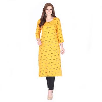 Yellow printed rayon long-kurtis 1