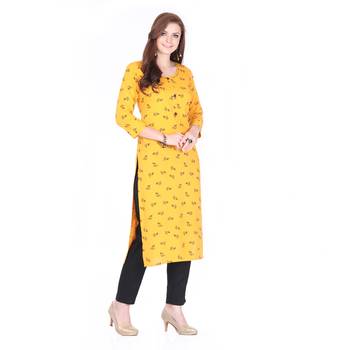 Yellow printed rayon long-kurtis 3