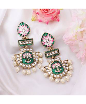 Gold Plated Partywear Meenakari Kundan studded Pastel Colour Earring 1