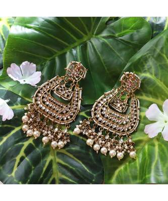 Gold Plated Partywear Kundan studded Designer Drop Earring Earring 3