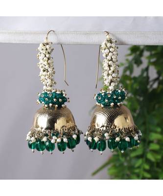 Gold Plated Green and White Pearl Long Jhumka Earring 1