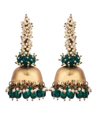 Gold Plated Green and White Pearl Long Jhumka Earring 2