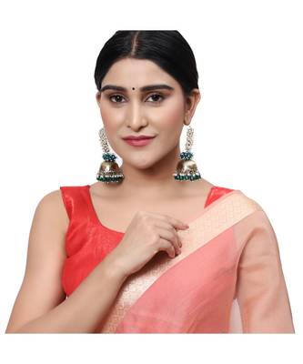 Gold Plated Green and White Pearl Long Jhumka Earring 3