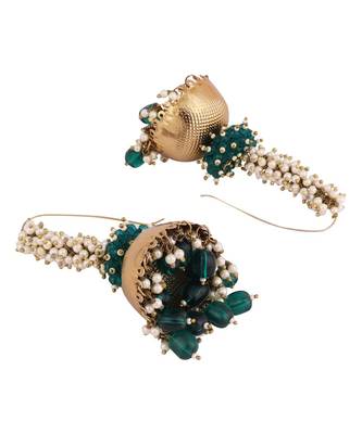 Gold Plated Green and White Pearl Long Jhumka Earring 4