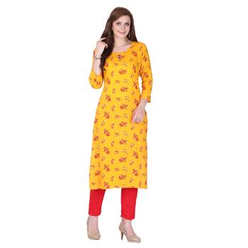 Yellow printed rayon long-kurtis 1