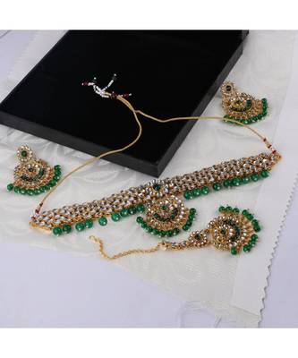 Traditonal Gold Plated Green Stone Studded Choker with Earring Maagtika 1