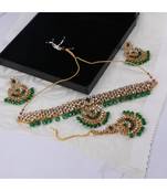 Traditonal Gold Plated Green Stone Studded Choker with Earring Maagtika