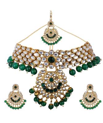 Traditonal Gold Plated Green Stone Studded Choker with Earring Maagtika 2