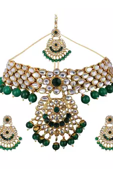Traditonal Gold Plated Green Stone Studded Choker with Earring Maagtika