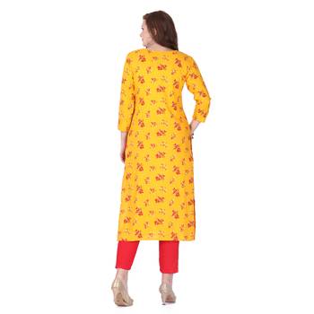 Yellow printed rayon long-kurtis 2
