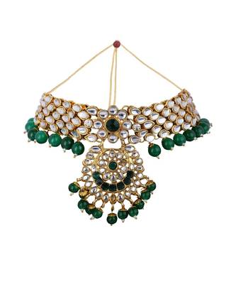 Traditonal Gold Plated Green Stone Studded Choker with Earring Maagtika 3